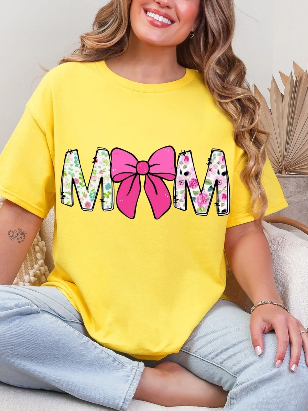 Gildan Yellow Tee with Pink Bow MOM Graphic
